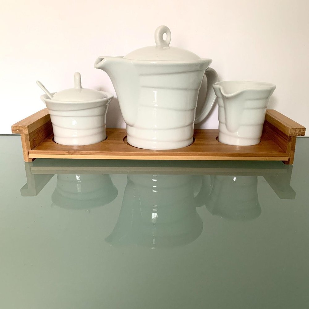 NWOB Tea Coffee Serving Set Bamboo Tray Modern Simple